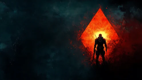 Armored lone soldier before blazing red void portal silhouette