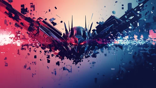 Cyberpunk mech bust with fragmented geometric wingspan composition.