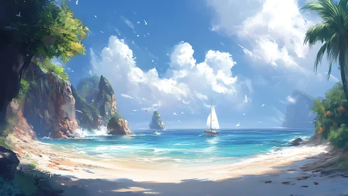 Tropical Island Cove with Sailboat.
