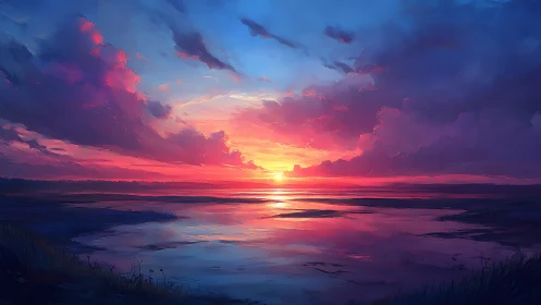 Vibrant digital seascape sunset with glowing cloud horizon.