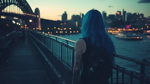 Blue haired drifter watches city lights awaken at dusk.