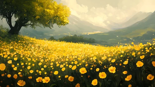 Golden wildflower meadow glows softly beneath distant hills