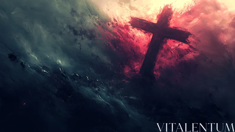 Diagonal cruciform silhouette emerges through turbulent chromatic mist