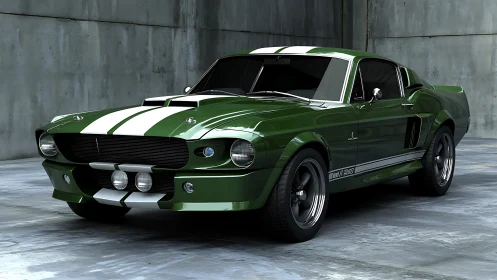 CGI-rendered vintage fastback muscle car in studio bay.