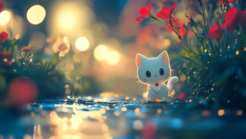 Luminescent Feline Character in Bokeh-Saturated Nocturnal Garden Setting.