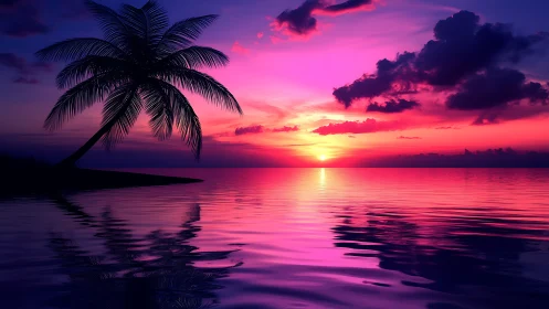 Dreamy palm shore at sunset wrapped in pink and purple glow.
