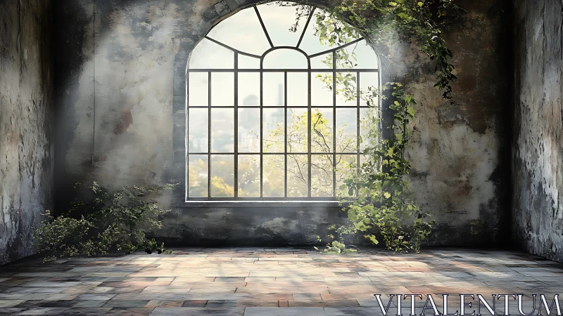 Sunlit abandoned room welcomes nature through arched window