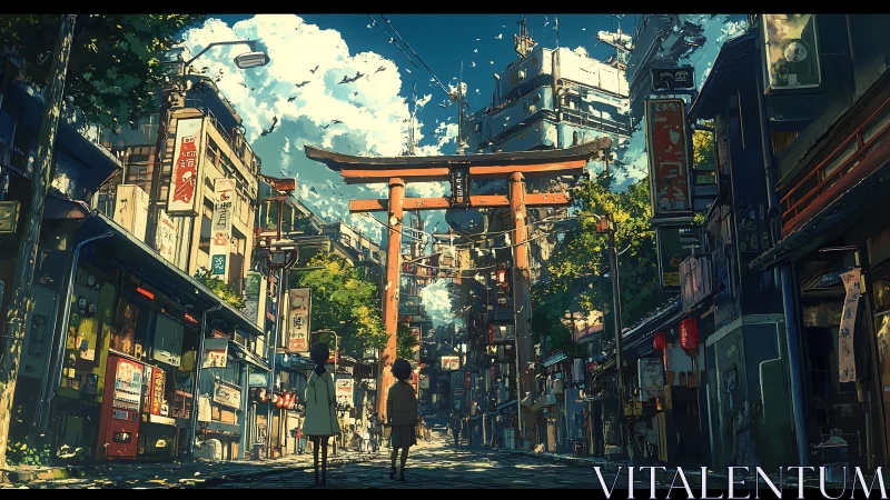 Urban street corridor with torii gate and high-rise complex.