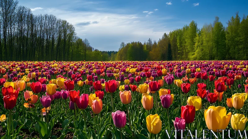 Colorful tulip field glowing beneath a bright spring sky.
