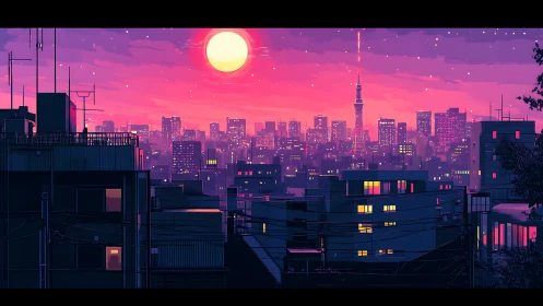 Neon Tokyo skyline under vivid magenta sunset glow.