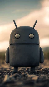 Solitary matte robot stands in sunlit rocky landscape.