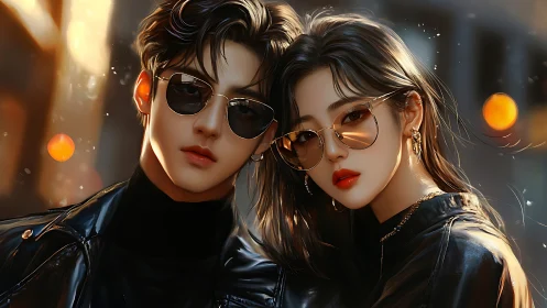 Two figures in black leather jackets and aviator sunglasses.