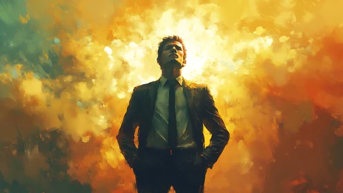 Radiant businessman emerging through blazing abstract light.