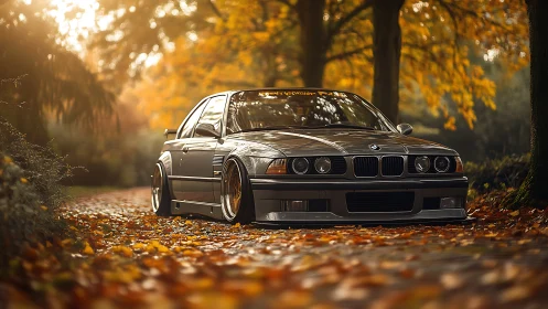 Low-slung BMW E36 coupe amid autumnal bokeh-lit forest road.