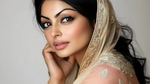 Elegant South Asian Woman in Traditional Embroidered Attire Portrait.