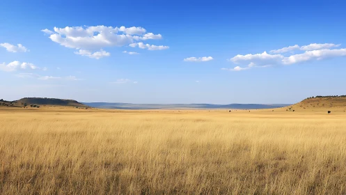 Golden savanna horizon under a wide open blue sky.