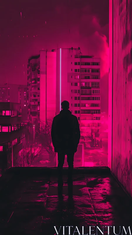 Neon city glow welcomes a lone figure into the night