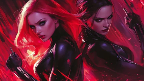 Crimson twin assassins ignite a storm of neon steel and flame.