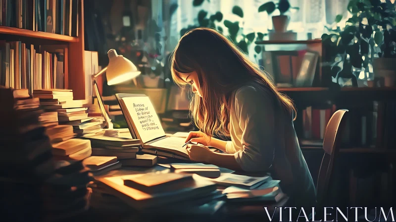 Young woman studying at laptop in warm book-lined studio