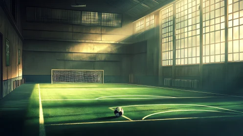 Indoor soccer field shows lone ball in soft window light