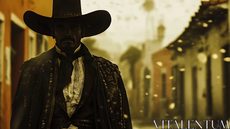 Man in traditional charro attire on narrow historic street.