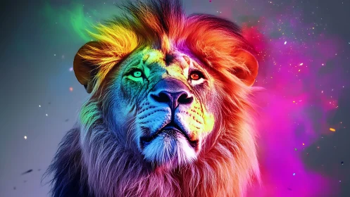 Chromatic lion portrait rendered with neon spectral rim lighting