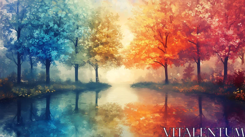 Twin seasons of fire and frost meet on a silent riverbank.