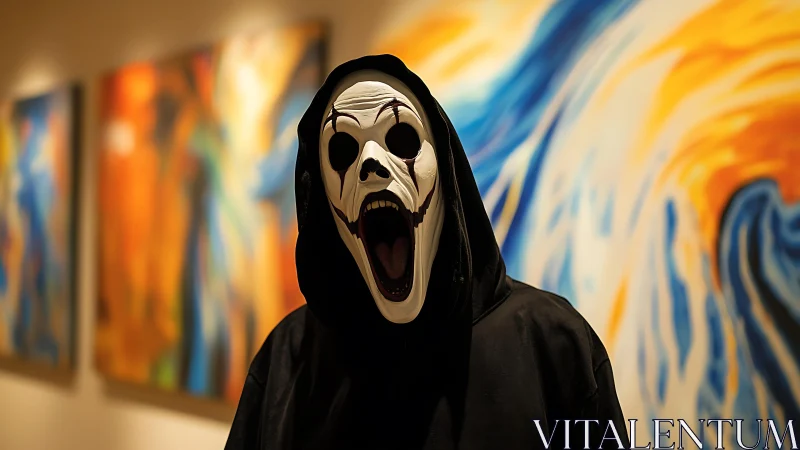 Hooded scream mask figure amid vivid abstract canvases.