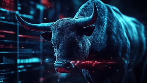 Algorithmic neon bull amid high-frequency trading telemetry.