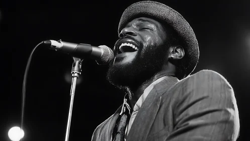Male vocalist performing at microphone in monochrome lighting.