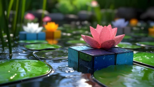 Pink lotus flower on geometric blocks in serene digital pond scene.