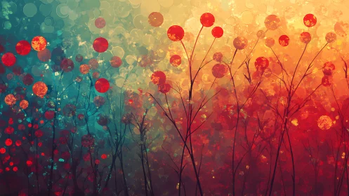 Abstract field of red flowers in warm teal and orange glow.