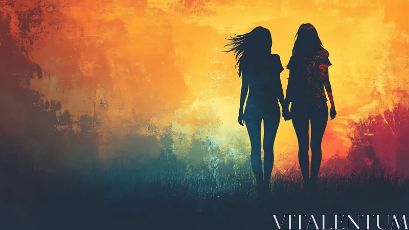 Two Women Holding Hands Silhouette at Sunset, Abstract Art.