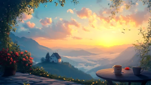 Morning coffee drifts above clouds while mountains quietly glow