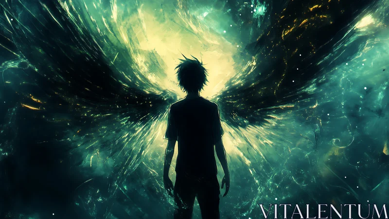 Silhouetted figure confronts luminous cosmic wings burst