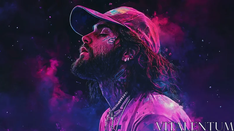 Neon-lit bearded musician in vivid cosmic profile portrait.
