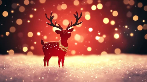 Red reindeer figurine in glittering bokeh snowfall on red field