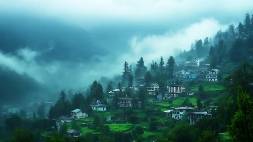 Fog-draped terraced hillside village with verdant monsoon forest