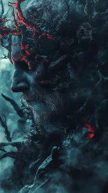 Elderly warrior merges with burning roots in spectral fog