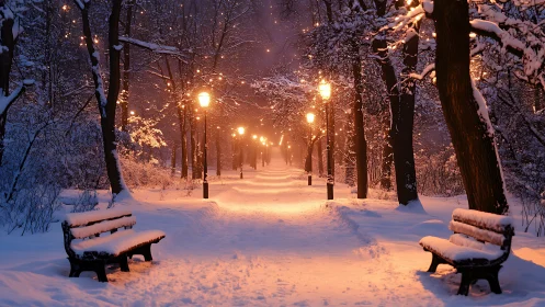 Snow-laden park promenade under tungsten path luminaires.