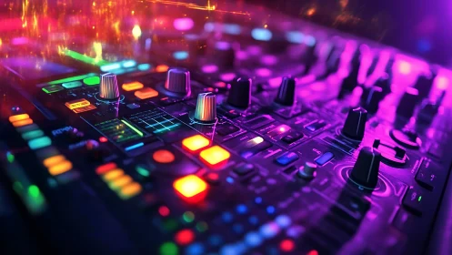 Cyberpunk DJ controller interface in neon bokeh lighting.