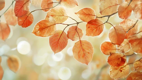 Translucent orange leaves are backlit on thin branching stems
