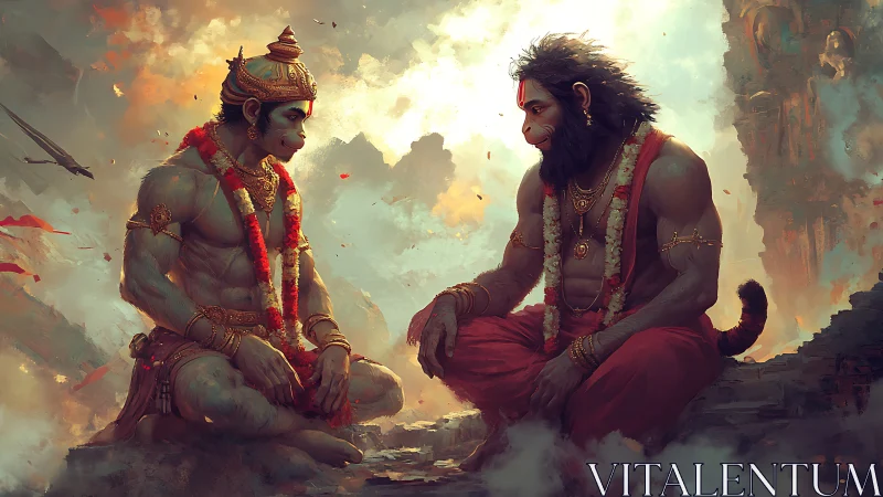 Two mythic monkey warriors sit facing each other in ruins