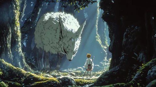 Human figure and large white beast in dense forest clearing.