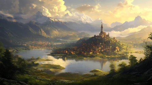 Alpine Gothic Castle Township Overlooking Glacial River Valley.