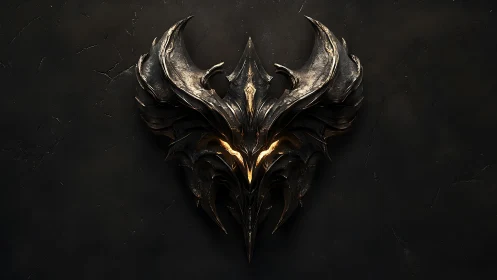 Metallic horned emblem displays symmetrical, glowing structure