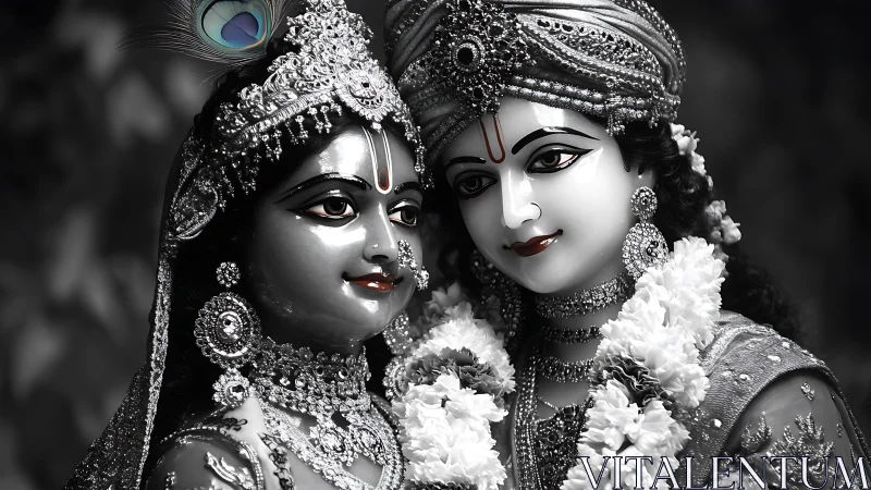 Divine couple statues with jeweled crowns and floral garlands.