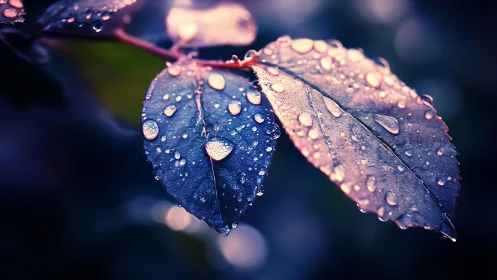Close view records water droplets on two backlit leaves