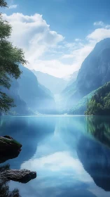 Serene glacial lake with misty blue mountains and reflections.