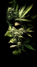 Emerald Leaf Muse: cannabis blooms shaping a silent face.